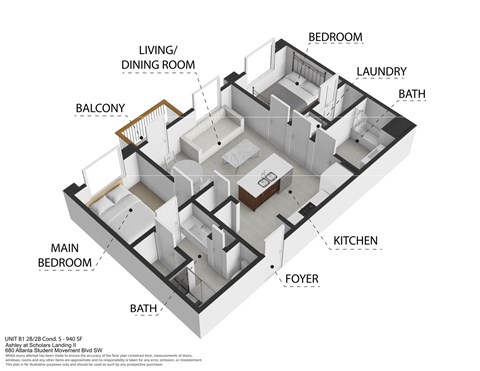 Floor plan for 2 beds, 2 baths, 963 sqft